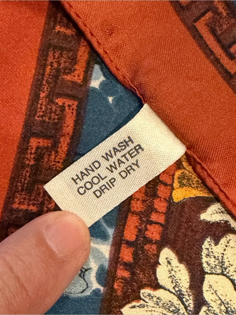 MADE IN ITALY Floral Border Silk Square Scarf in Rust & Slate Blue 30x30